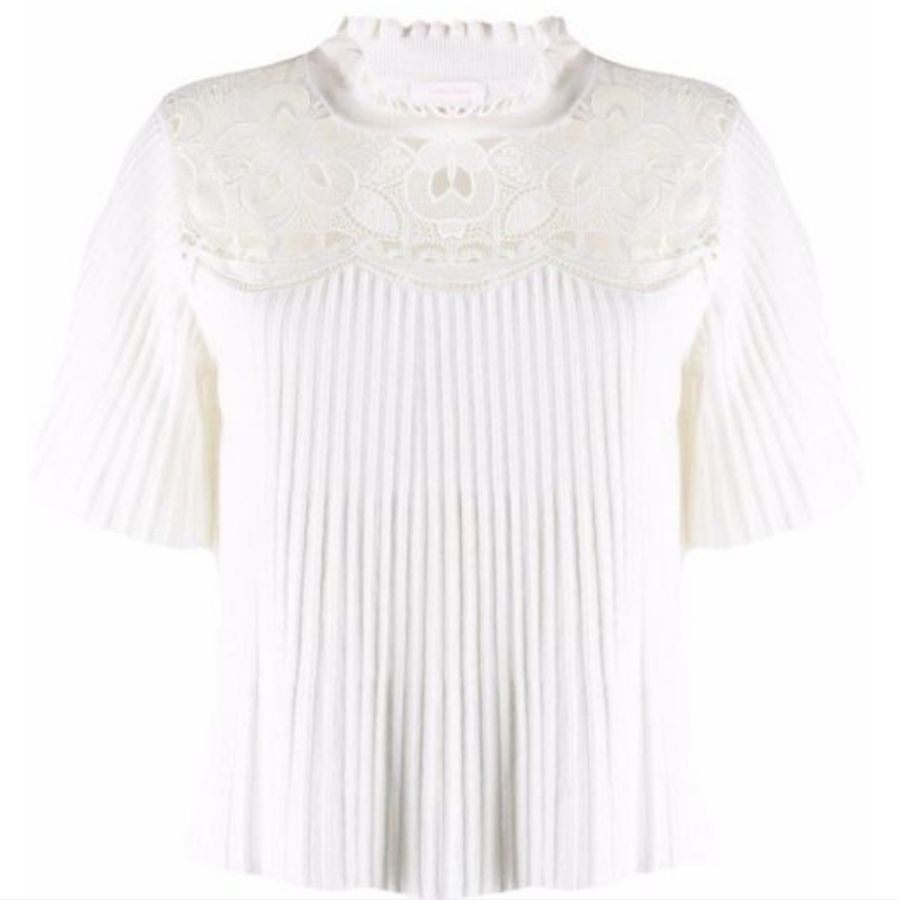 See By Chloe Wool Ruffle Pleated Lace Ribbed Top